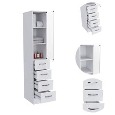 white bathroom storage cabinet with drawers and shelves