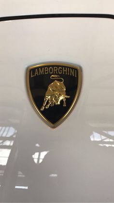 the lamb logo is on the hood of a white car with gold bull emblems