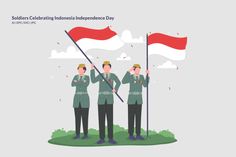 soldiers celebrating international independence day with flag and banner in flat style on grey background illustration