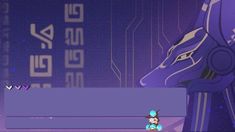 an animated video game character standing in front of a purple and blue background with text