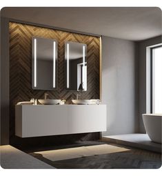 a bathroom with two sinks and mirrors on the wall next to a bathtub in front of a window