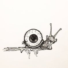 a drawing of a snail with an eyeball on it's back and dripping paint