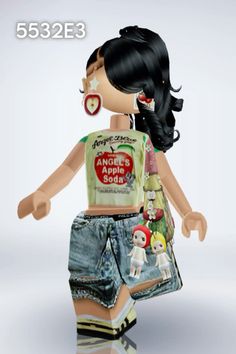 an animated girl is standing with her arms spread out to the side, wearing shorts and a t - shirt that says angel's apple soda