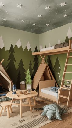 a child's bedroom decorated in green and white with trees on the wall, bunk bed