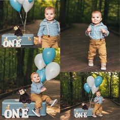 a baby boy is sitting on a box with balloons in the shape of one and monkey