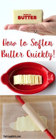 how to soften butter quickly on a red platter with rolling pin and knife