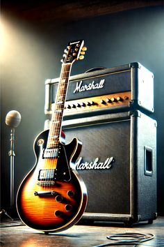 A Gibson Les Paul with a Marshall stack amp.