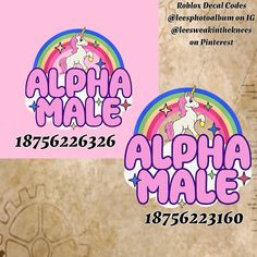 two stickers that say alpaca male and an image of a unicorn