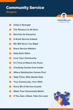 an orange and blue flyer with the words community service