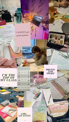 a collage of photos with different types of writing and papers on the desks