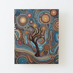 an abstract painting with circles and swirls on it's square canvas mounted to a wall