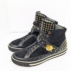 Versace Studded High Top Sneakers Suede And Leather Excellent Condition Black Leather Sneakers With Studs, Luxury Spiked Round Toe Sneakers, Black Leather High-top Sneakers With Spikes, Luxury Black Sneakers With Spikes, Luxury Studded Lace-up Sneakers, Luxury Suede High-top Sneakers With Round Toe, Versace Gold, Versace Shoes, Womens Shoes Sneakers