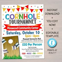 a flyer for the cornhole tournament with an image of a corn hole on it