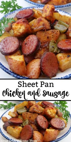 A double photo collage of chicken and sausage in white bowls with blue trim. Sheet Pan Chicken Dinners, Sausage With Potatoes, Smoked Sausage Potatoes, Malibu Chicken, Sheet Pan Supper, Chicken Sausage Recipes, Sausage Ingredients, Turkey Enchiladas