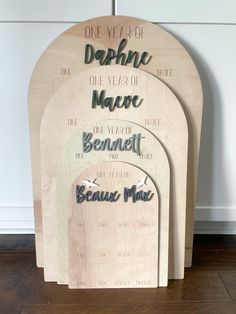 three wooden plaques with names on them