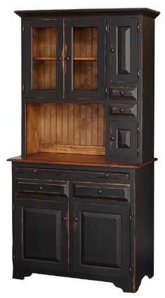 a black china cabinet with wooden doors and drawers on the top, in front of a white background