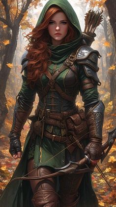 a woman with red hair and green outfit holding a bow in the woods while standing next to trees