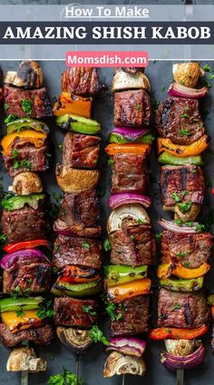 steak kabobs on skewers with the title overlay reading amazing shish kabob