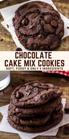 chocolate cookies stacked on top of each other with the words cake mix chocolate cookies made with just 4 ingredients