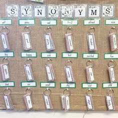 a bulletin board with name tags attached to it's sides and words on them