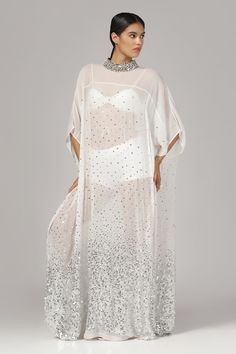 White kaftan with graded silver sequins embroidery and beaded collar. - Aza Fashions Bollywood Style Embellished Summer Kaftan, Party Kaftan With Mirror Work For Eid, Summer Bollywood Embellished Kaftan, Summer Bollywood Style Embellished Kaftan, Eid Party Kaftan With Mirror Work, Eid Party Hand Embellished Kaftan, Festive Hand Embellished Kaftan For Party, Festive Hand Embellished Party Kaftan, Bollywood Style Tunic Kaftan For Party