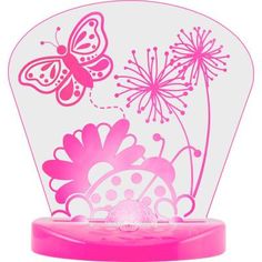 a pink butterfly and flower design on a white background