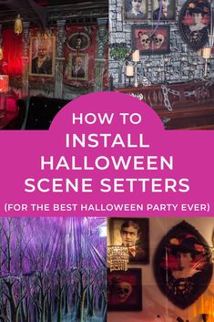 the inside of a halloween scene with pictures and decorations