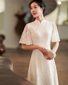 Long Cheongsam Dress Daily White Lace Dress - Weqipao Elegant Lace Patchwork Dress For Ceremony, Elegant Dresses With Lace Patchwork For Ceremony, Elegant Ceremony Dress With Lace Patchwork, Elegant Ao Dai With Lace Sleeves For Wedding, Elegant Spring Ceremony Cheongsam, Elegant Wedding Ao Dai With Lace Sleeves, Long Dresses For Tea Ceremony, Elegant Long Dresses For Ceremony, Elegant Long Dress With Lace Patchwork