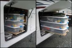 two pictures of the inside of a camper with plastic containers on it's doors