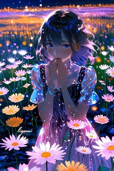 a girl in a field of daisies with her hands clasped to her chest and eyes closed