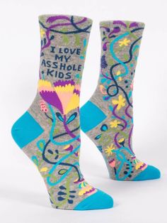 I love my asshole kids socks Blue Q Women's shoe size 5-10 63% combed cotton; 35% nylon; 2% spandex. Blue Q Socks, Humanitarian Work, Socks Funny, Knitting Notions, Blue Q, Women Crew Socks, Love My Kids, Fabric Yarn, Funny Socks