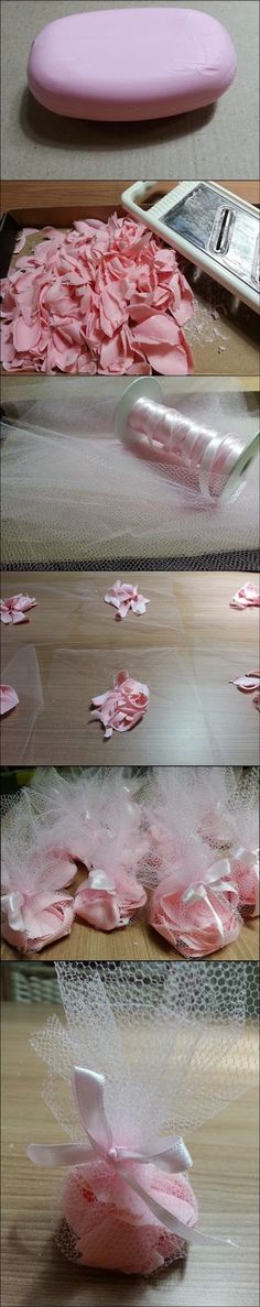 three images show the process of making pink tissue paper with scissors and other items in it