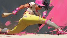 a painting of a woman playing baseball with pink paint splattered all over her body