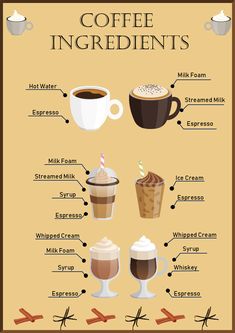 coffee info sheet with different types of drinks