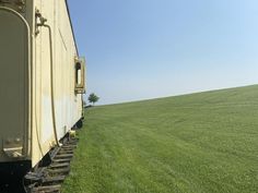 a train traveling through a lush green field next to a tree on top of a hill