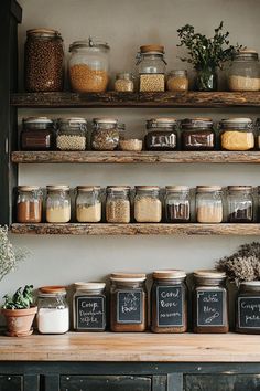 the shelves are filled with jars and spices