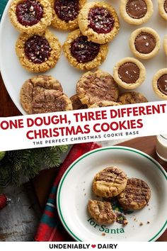 one dough, three different christmas cookies on a white plate with the title overlay