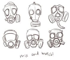 six different types of gas masks with the words mix and watch written on them in black ink