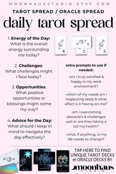 this daily tarot spread layout is a 4-card tarot spread / oracle spread reading that’s been carefully made for daily use. with easy tarot prompts & extra prompts (or journal prompts) if needed, this beginner-friendly daily tarot layout spread gives the overall themes, blessings, complications, and messages for the day. find the tarot decks & oracle decks created by MoonHaus Studio! Popular Tarot Spreads, First Of The Month Tarot Spread, December Tarot Spread, Business Tarot Spread, Future Tarot Spread, Daily Tarot Spreads, Tarot Prompts, Tarot Spreads Beginners, Tarot Journal Template