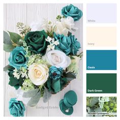 an arrangement of flowers and greenery in shades of teal, white, green