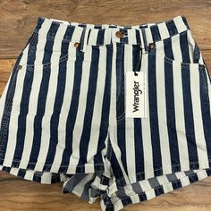 Nwt. Wrangler Vintage Rodeo Striped Shorts 26w Retro Striped Denim Bottoms, Retro High Rise White Bottoms, White High Rise Retro Bottoms, Vintage White Mid-rise Bottoms, White Vintage Mid-rise Bottoms, Denim Cowgirl, Wrangler Vintage, Wrangler Shorts, Festival Shorts