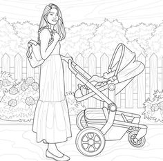 a woman standing next to a baby stroller