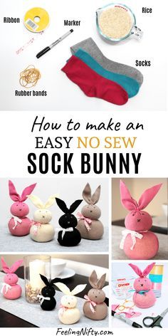 the instructions for how to make an easy no sew sock bunny with pictures and text