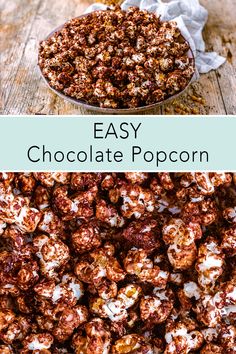 Chocolate popcorn with a text overlay title.