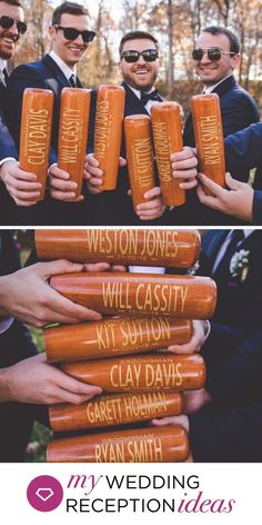 the grooms are holding up their hot dogs with names on them and saying, wedding reception ideas