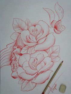 a drawing of roses and butterflies on white paper with pencils next to the image