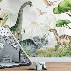 a child's room with dinosaurs and plants on the wall, along with a teepee tent