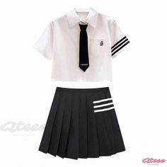 Qteee - Chic Two-Piece Set: Pocketed Tie T-Shirt with High-Waisted Pleated Skirt White Short Sleeve School Sets, White Short Sleeve School Uniform Top, White School Uniform Sets, Fitted T-shirt For School And Summer, Tie T Shirt, Tied T Shirt, High Waisted Pleated Skirt, Two Piece Sets, Pleated Skirt