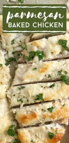 homemade parmesan baked chicken is cut into slices and placed on a plate with text overlay