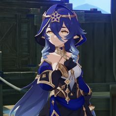 an anime character with blue hair and armor